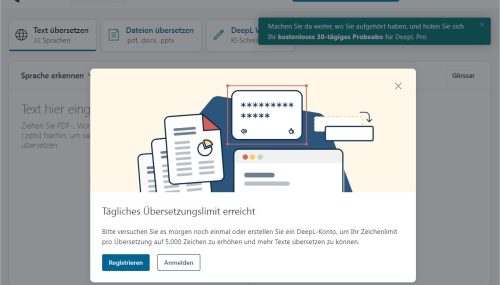 DeepL: Tägliches Übersetzungslimit erreicht